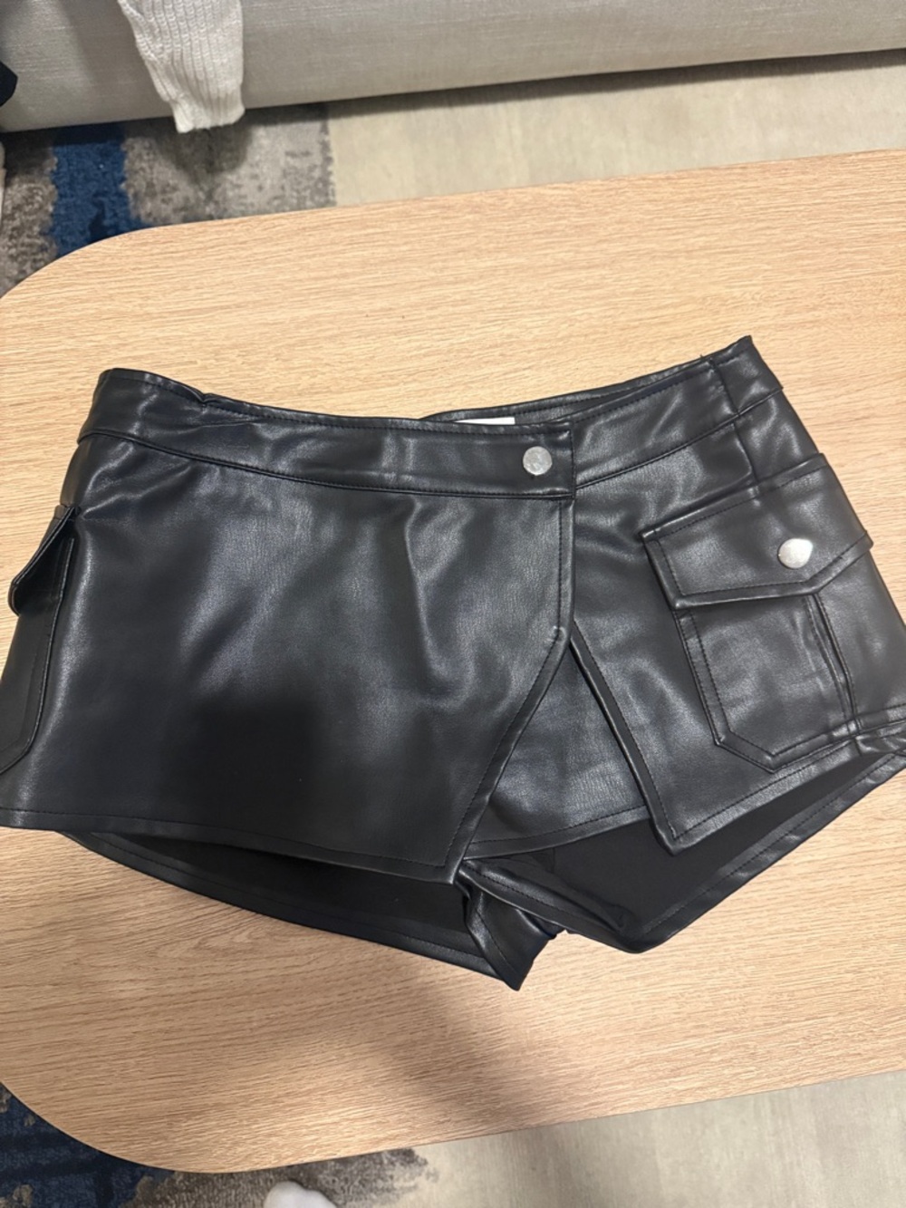 Faux Leather Black Skort Shorts with Cargo Pocket